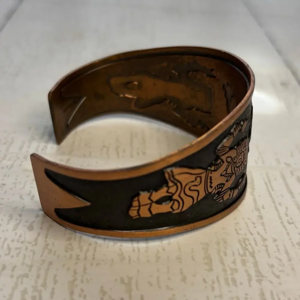 Copper Cuff Bracelet with Etched Buffalo Dancer and Rainbow Yei Design